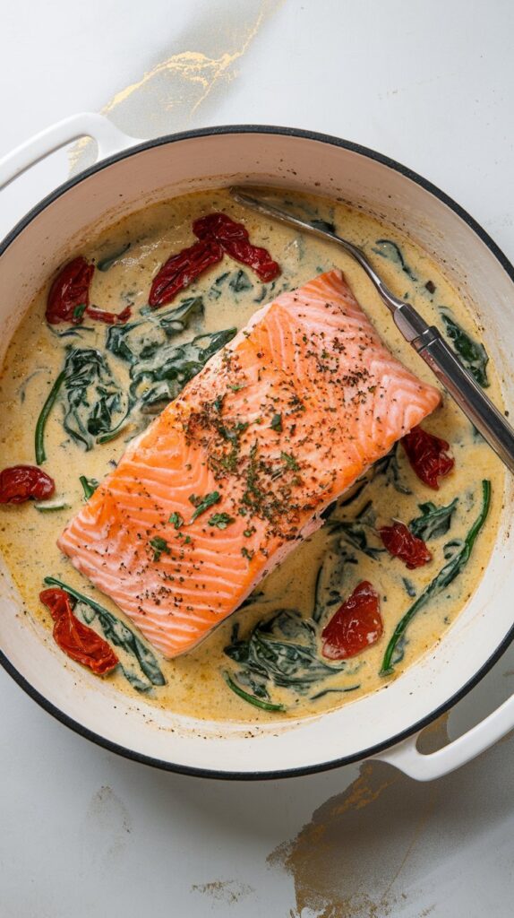 a bowl of salmon filet set in a creamy tuscan sauce