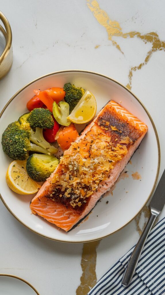 a plate of parm crusted salmon filet on a white plate surrounded by an array of vegetables
