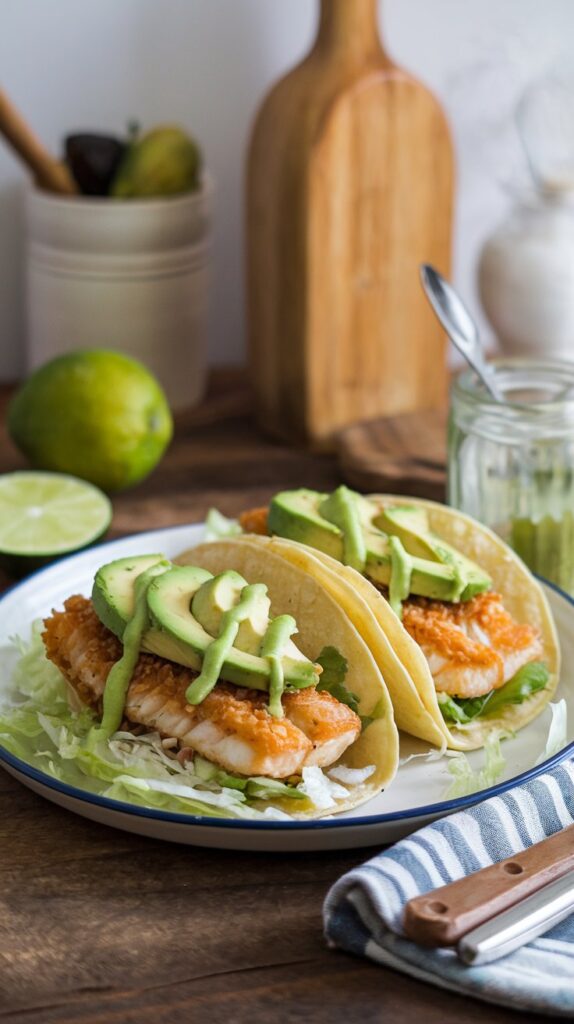 crispy tilapia fish tacos with avocado slices and green sauce