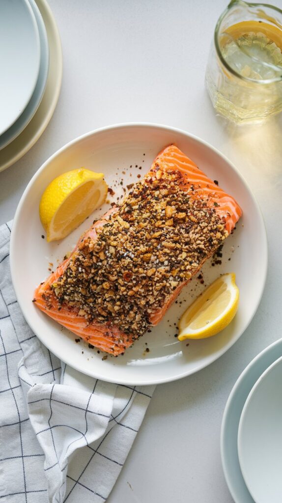 a plate of salmon filet with everything bagel seasononing on top and garnished with lemon halves