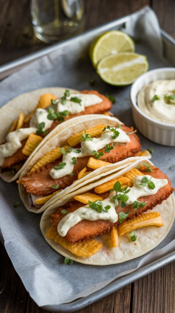fried fish and fries in soft taco shells with sauce