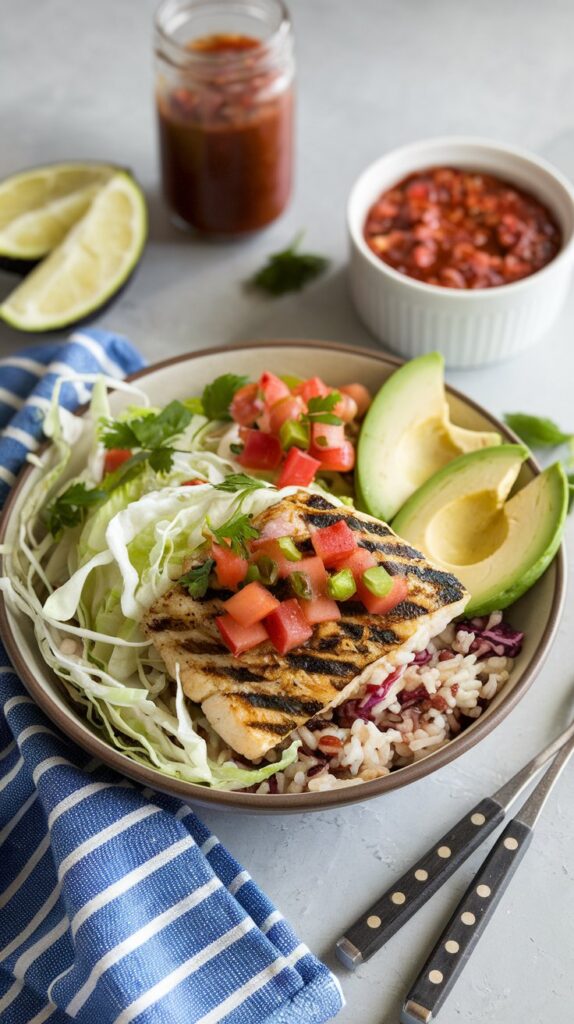 bowl filled with cabbage, rice, grilled fish and avocado