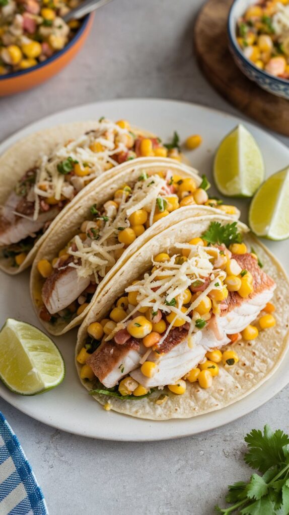 fish tacos in soft shells with corn and shredded cheese