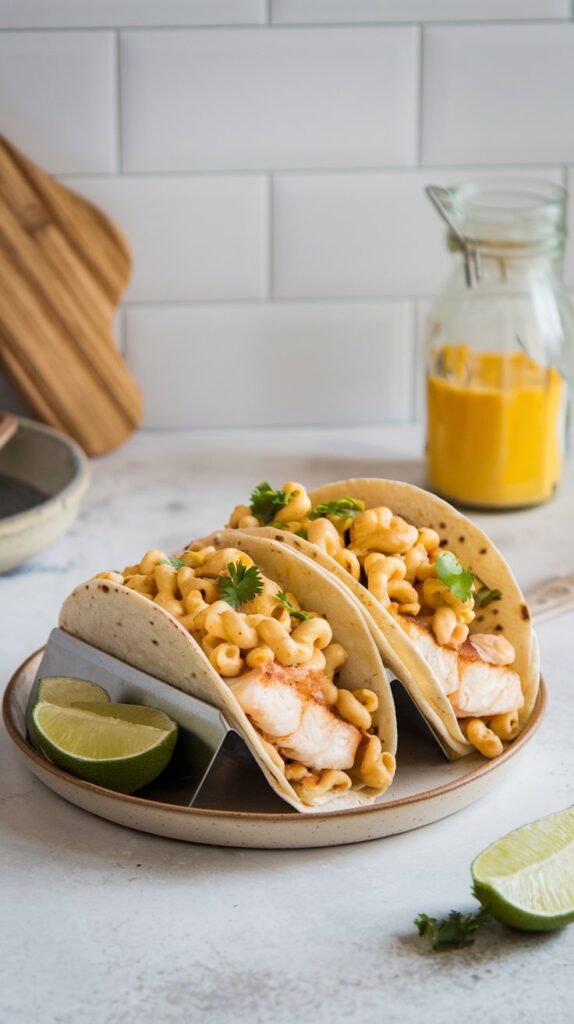 fish tacos in soft shells with mac and cheese on top