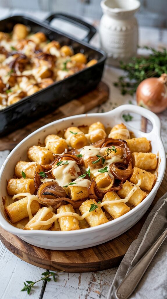 French onion tater tot casserole with caramelized onions, Swiss cheese, browned tots, hint of thyme garnish.