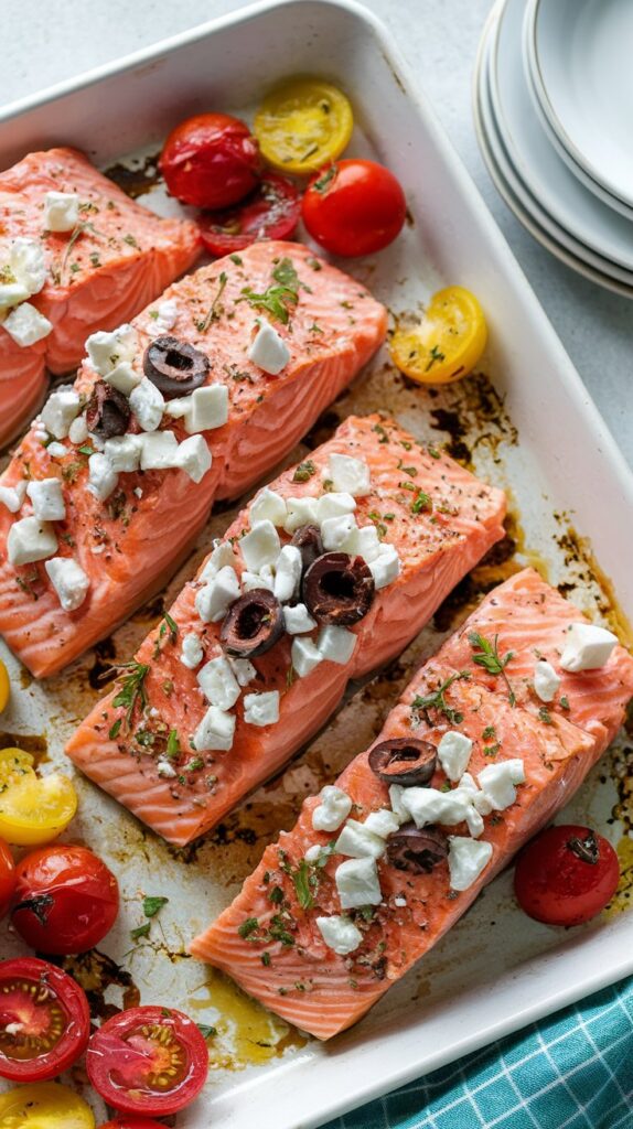 a pan of salmon filets topped wtih black olives and feta cheese surrounded by baked tomatoes