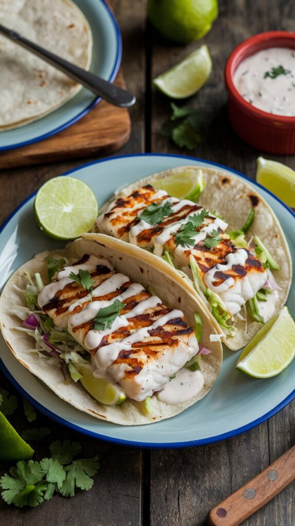 mahi mahi fish tacos in soft shells with ranch suace on top