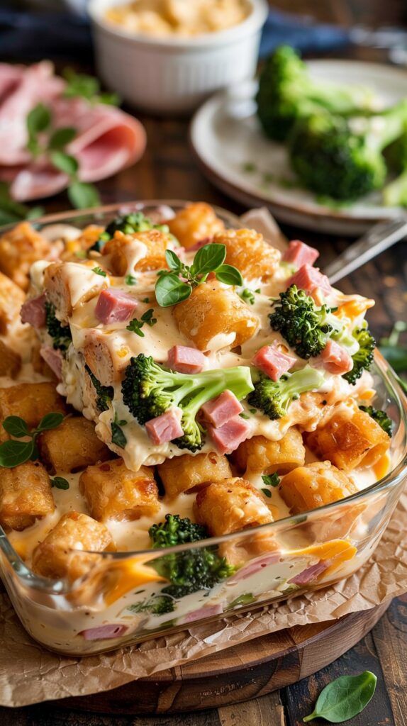 Ham and broccoli casserole with creamy cheesy base, broccoli bits and diced ham slightly slightly visible between layers of tots.