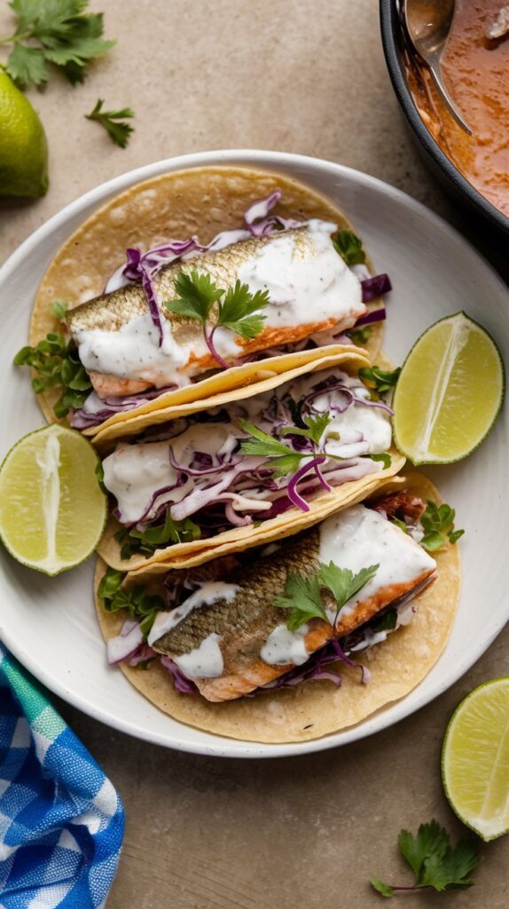 walleye fish tacos with skin still on in soft shells and yogurt sauce