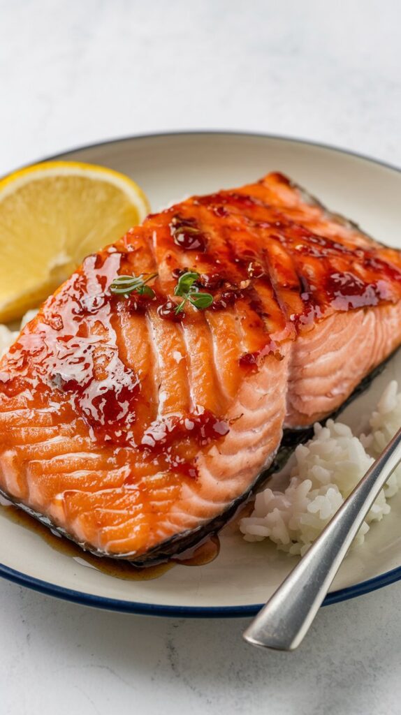 a plate of salmon toopped with honey sriracha sauce on rice with a slice of lemon