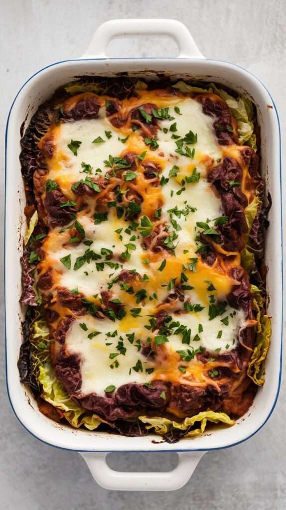 a baked casserole with melted mozzarella and wilted cabbage edges, melted cheese on top, and garnished with chopped parsley