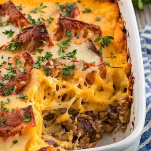 a baked casserole with a creamy cheddar cheese base, melted cheese on top, and garnished with chopped parsley