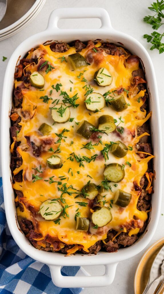 a baked casserole with melted cheddar with diced dill pickles, melted cheese on top, and garnished with chopped parsley