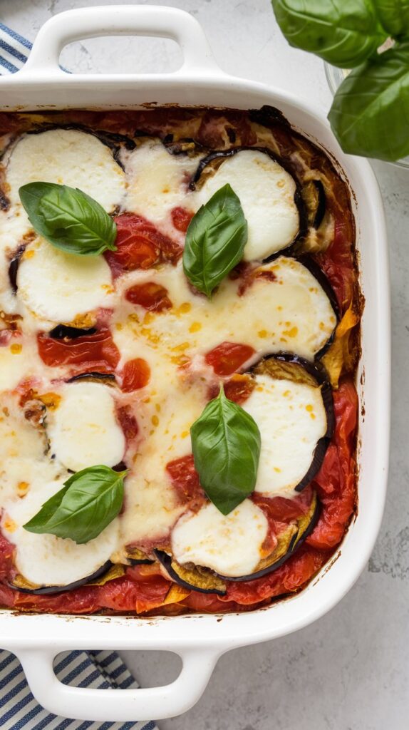 a baked casserole with a mozzarella-topped tomato and eggplant base, melted cheese on top, and garnished with fresh basil leaves=