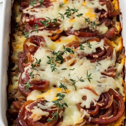 a baked casserole with melted provolone with caramelized onions, melted cheese on top, and garnished with fresh thyme leaves