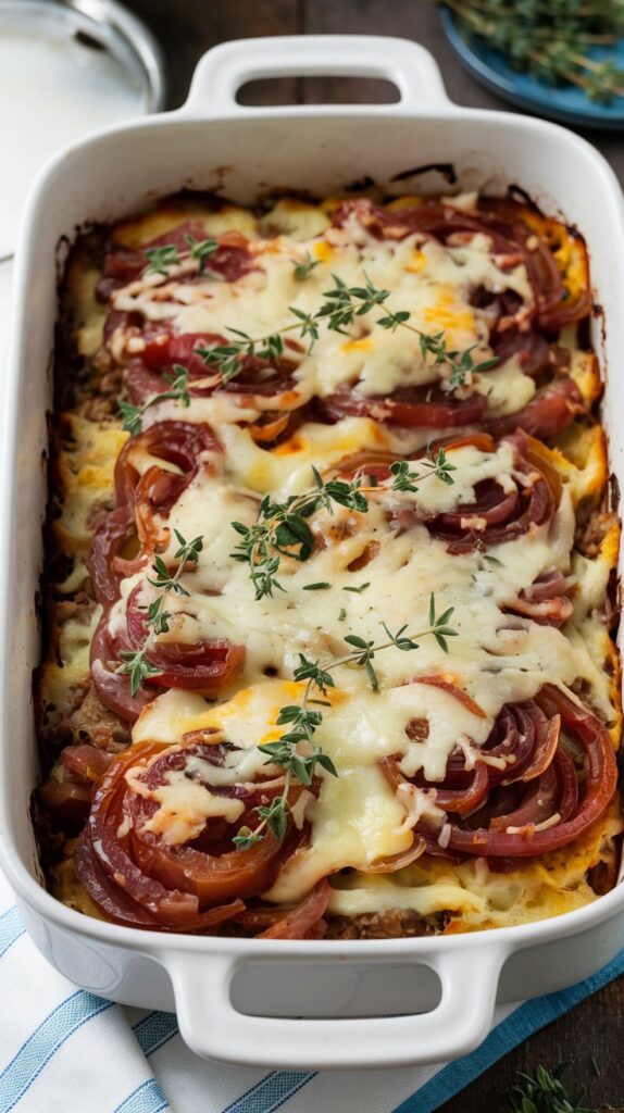 a baked casserole with melted provolone with caramelized onions, melted cheese on top, and garnished with fresh thyme leaves