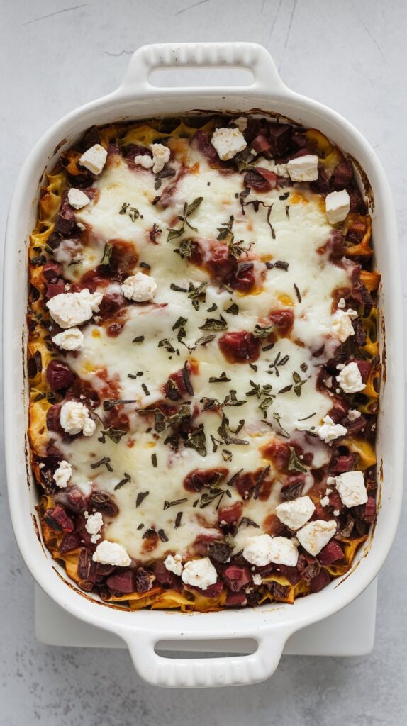 a baked casserole with crumbled feta and melted mozzarella, melted cheese on top, and garnished with dried oregano