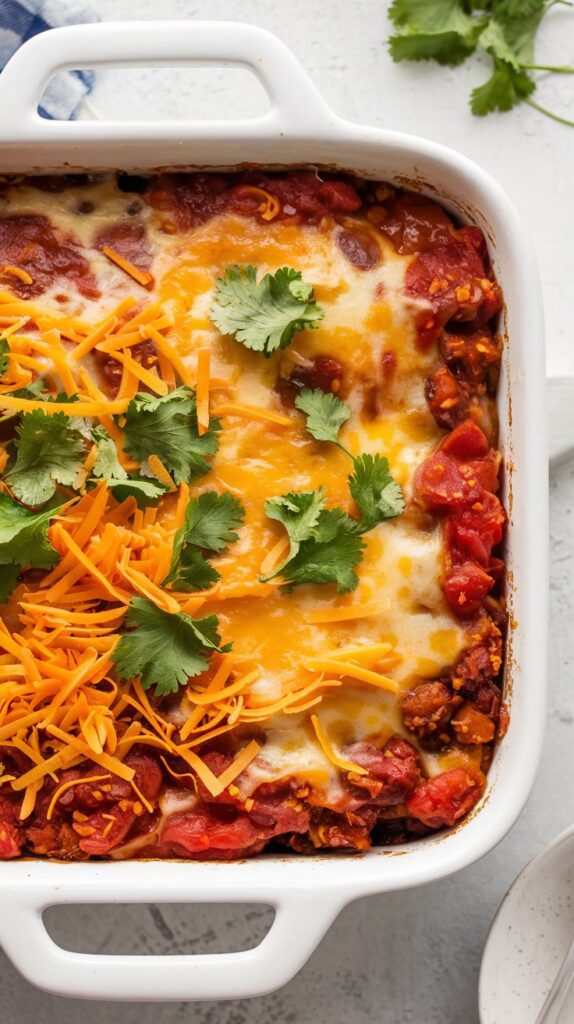a baked casserole with a tomato-based sauce and melted cheese, melted cheese on top, and garnished with shredded cheddar and chopped cilantro