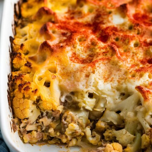 a baked casserole with a cheesy spiced cauliflower blend, melted cheese on top, and garnished with paprika,