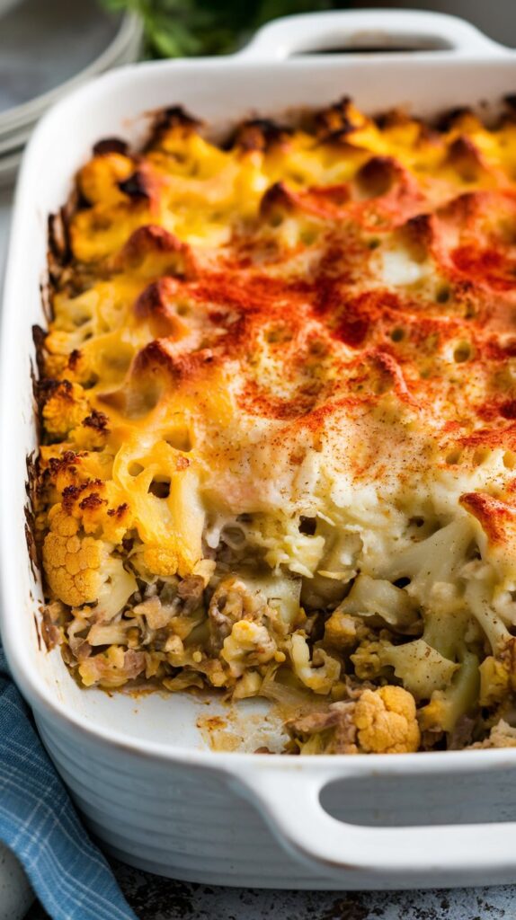 a baked casserole with a cheesy spiced cauliflower blend, melted cheese on top, and garnished with paprika,