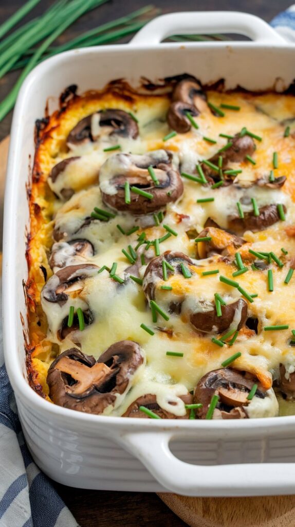 a baked casserole with Swiss cheese melted over mushrooms, melted cheese on top, and garnished with chopped chives