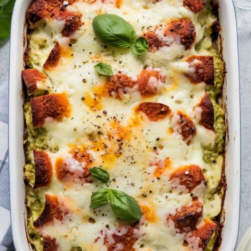 a baked casserole with a cheesy pesto topping, melted cheese on top, and garnished with basil and black pepper,