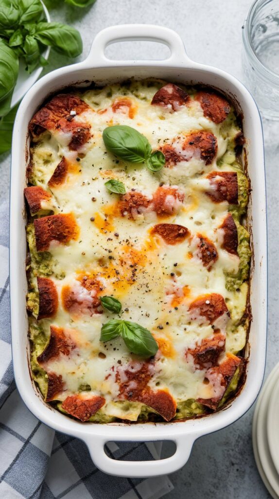 a baked casserole with a cheesy pesto topping, melted cheese on top, and garnished with basil and black pepper,