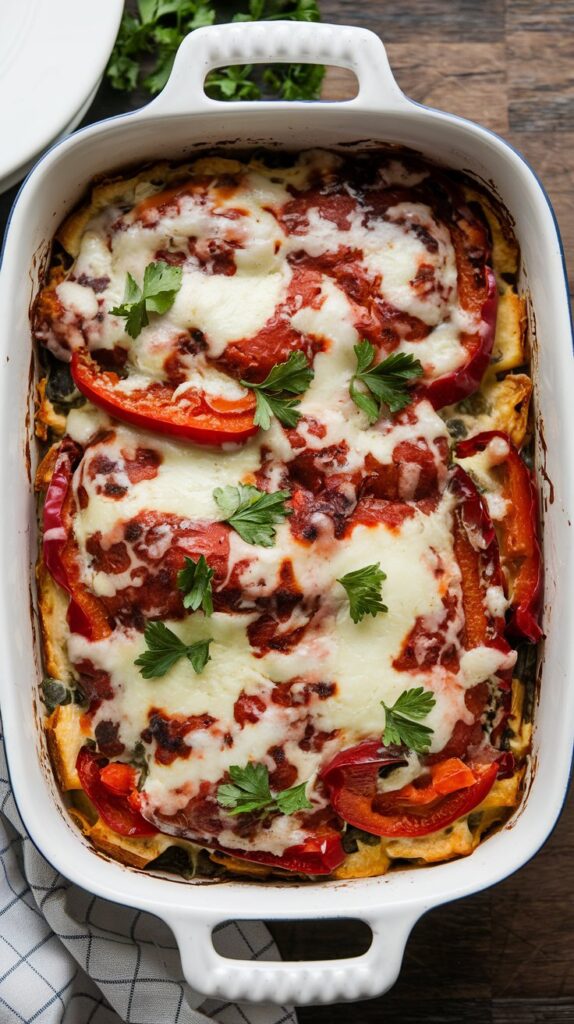 A white casserole dish containing a hearty dish. The dish appears to be a baked casserole with a cheesy sauerkraut and Swiss topping, melted cheese on top, and garnished with caraway seeds, shown from above with soft lighting.