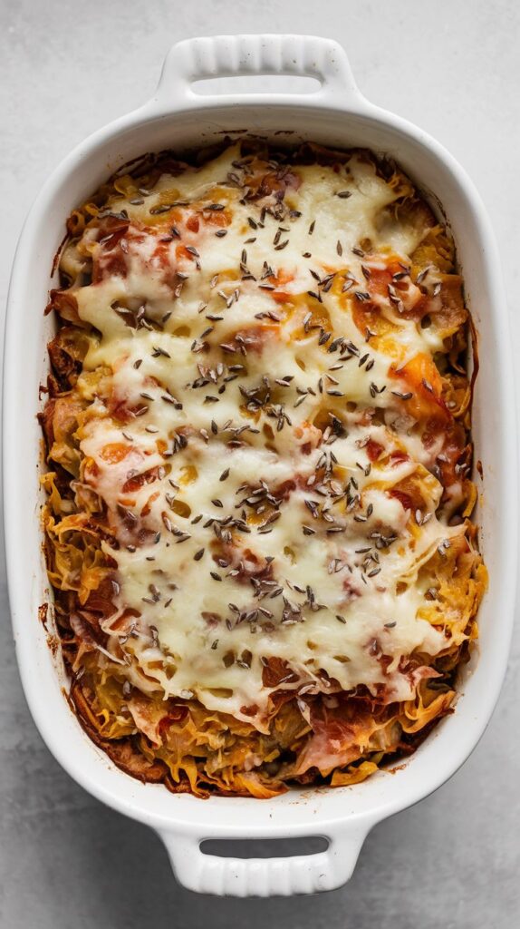 A white casserole dish containing a hearty dish. The dish appears to be a baked casserole with a cheesy sauerkraut and Swiss topping, melted cheese on top, and garnished with caraway seeds, shown from above with soft lighting.