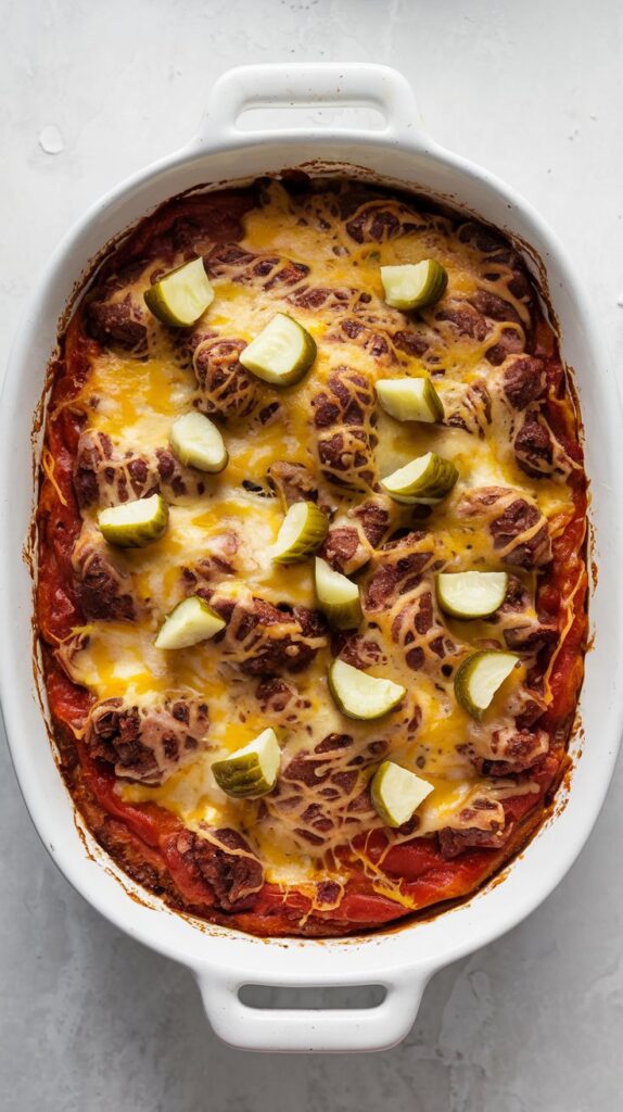 A white casserole dish containing a hearty dish. The dish appears to be a baked casserole with a sweet-savory tomato sauce and melted cheddar, melted cheese on top, and garnished with diced pickles, shown from above with soft lighting.