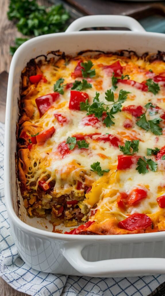 A white casserole dish containing a hearty dish. The dish appears to be a baked casserole with melted cheese and colorful chopped peppers, melted cheese on top, and garnished with parsley flakes, captured from the side to show the cheese texture.