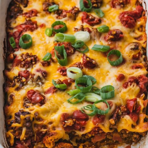 A white casserole dish containing a hearty dish. The dish appears to be a baked casserole with a spiced tomato and cheese base, melted cheese on top, and garnished with sliced green onions, seen from a three-quarter angle.