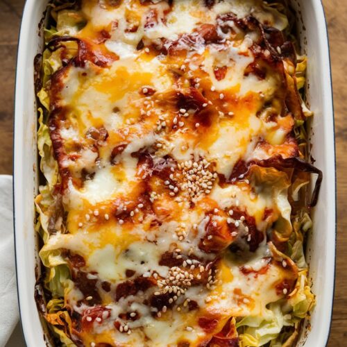 A white casserole dish containing a hearty dish. The dish appears to be a baked casserole with a light coconut glaze and wilted cabbage, melted cheese on top, and garnished with sesame seeds, shown from above with soft lighting.