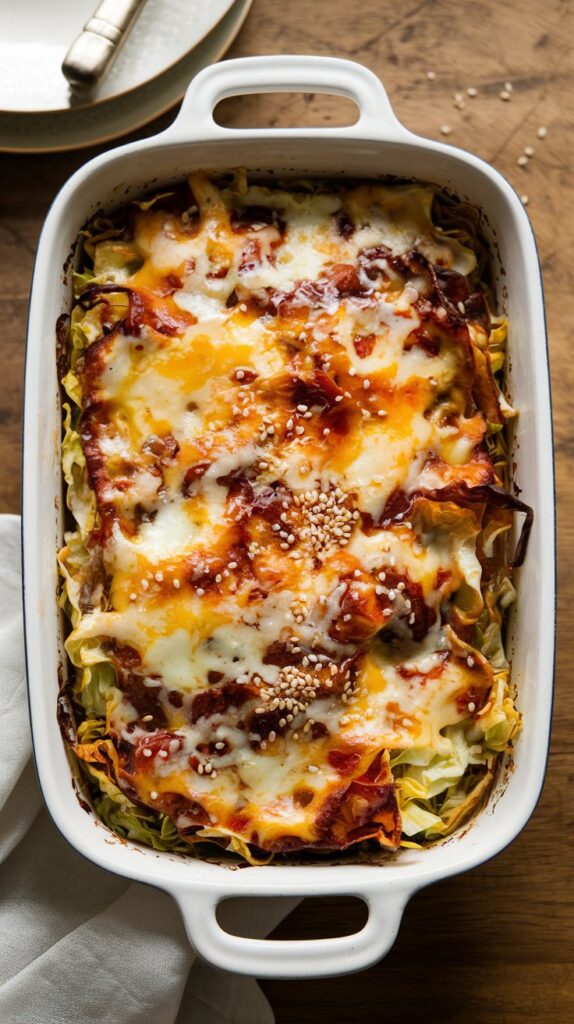 A white casserole dish containing a hearty dish. The dish appears to be a baked casserole with a light coconut glaze and wilted cabbage, melted cheese on top, and garnished with sesame seeds, shown from above with soft lighting.
