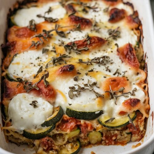 A white casserole dish containing a hearty dish. The dish appears to be a baked casserole with melted mozzarella and roasted zucchini, melted cheese on top, and garnished with dried oregano, seen from a three-quarter angle.