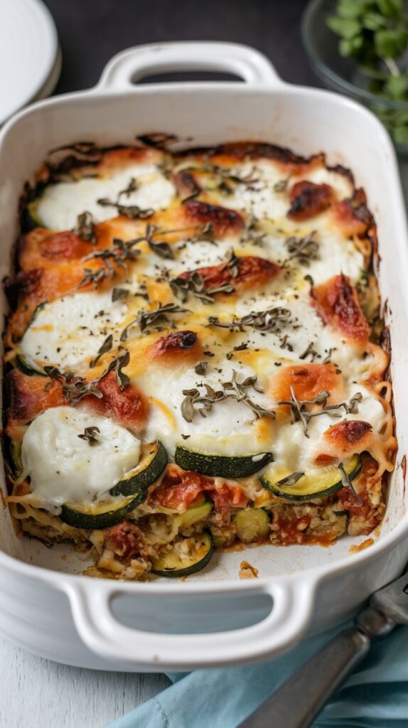 A white casserole dish containing a hearty dish. The dish appears to be a baked casserole with melted mozzarella and roasted zucchini, melted cheese on top, and garnished with dried oregano, seen from a three-quarter angle.
