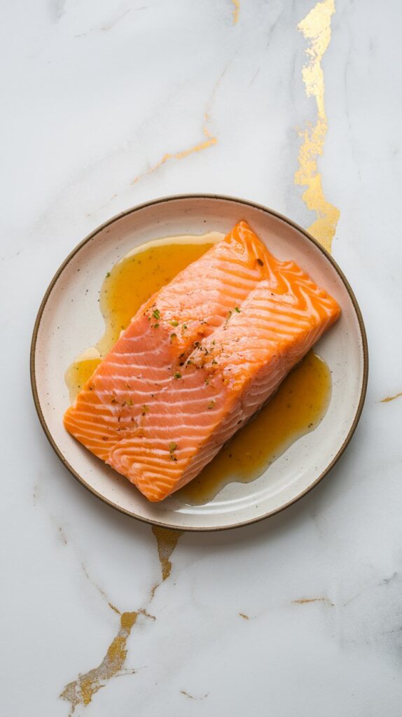 a plate of salmon topped with maple dijon sauce
