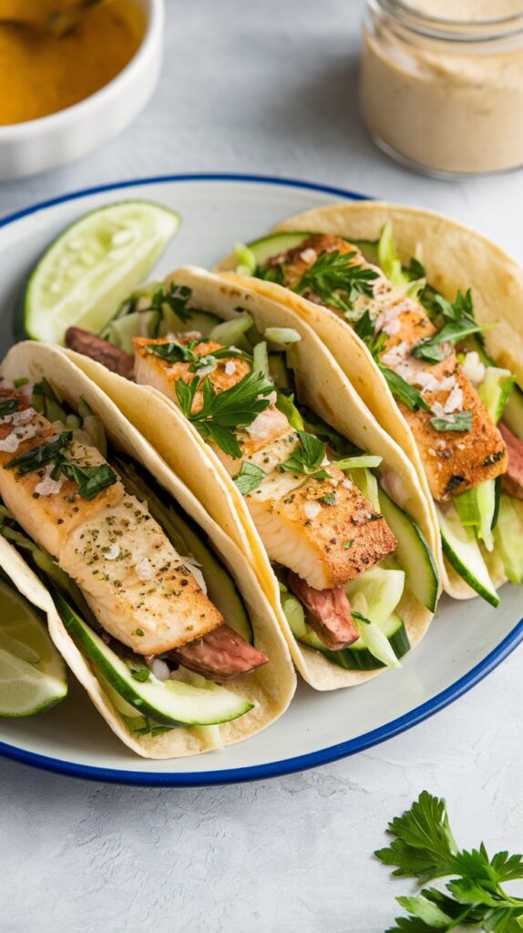 fish tacos in soft shells with limes and cucumber