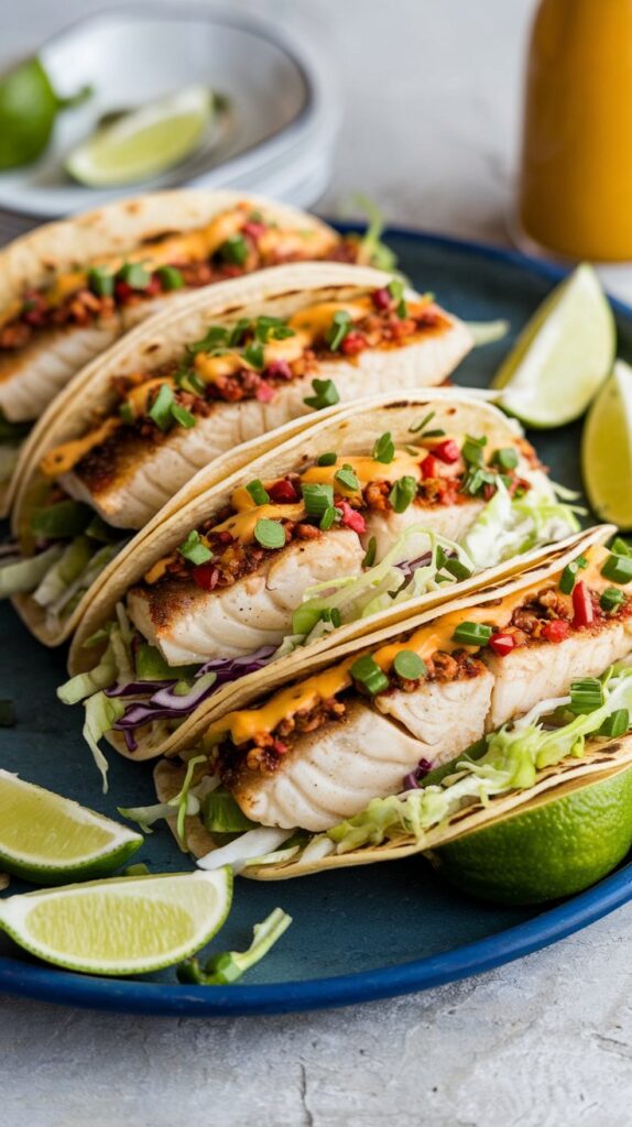 mexican fish tacos in soft shells topped with green onion