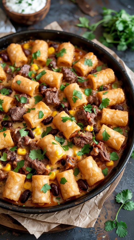 Mexican tater tot casserole with beef, corn, black beans, melty cheese, topped with chopped cilantro.