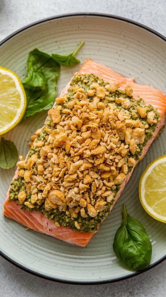 a plate with a filet of baked salmon crushed with pesto