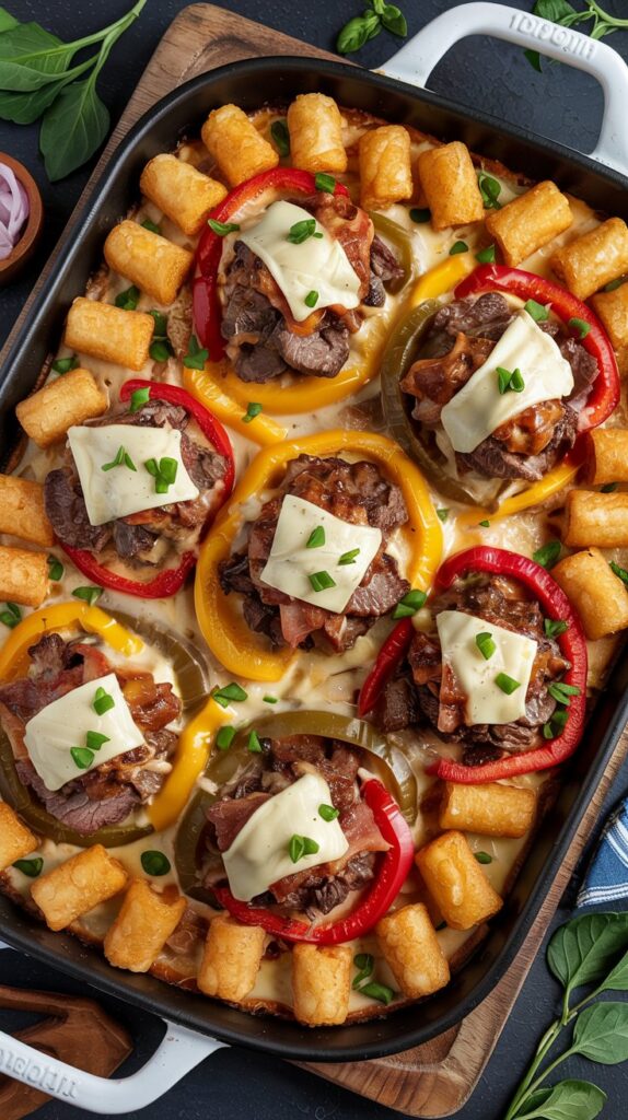 Philly cheesesteak casserole with peppers and onions, provolone melted over beef, golden tots beneath the tots