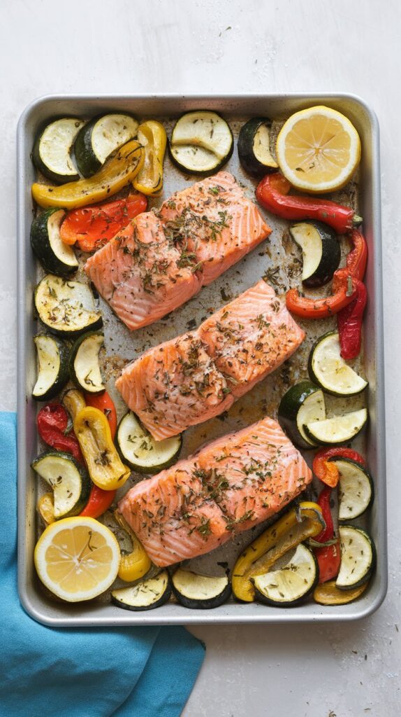 a sheet pan with cooked salmon filets surrounded by vegetables ad garnished with lemon and herbs