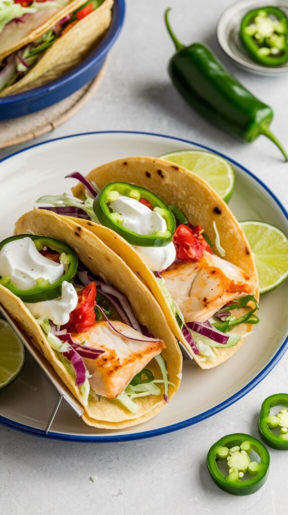 spicy fish tacos in soft shells with jalepenos and cabbage