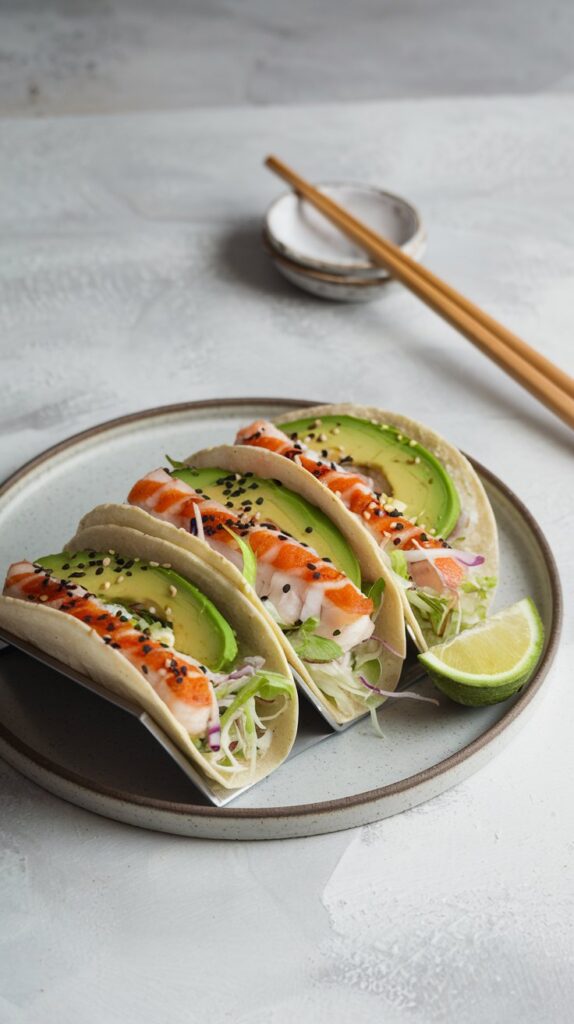 sushi looking fish tacos in soft shells with avocado slices