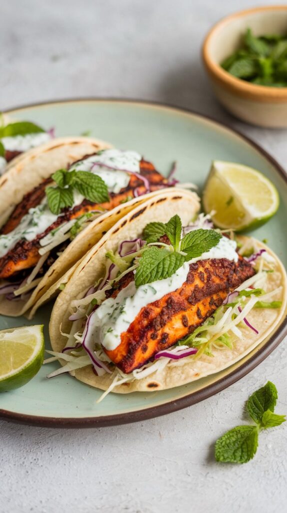 fried white fish tacos in soft shells yogurt sauce