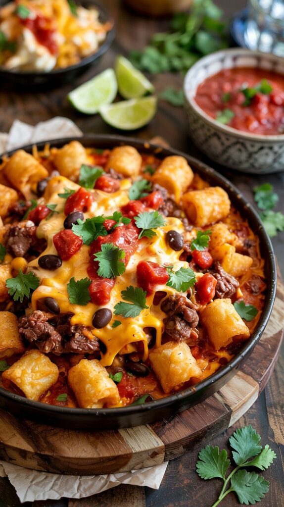 Taco casserole with seasoned beef, salsa, black beans, cheese under golden crispy tots. Garnished with cilantro.