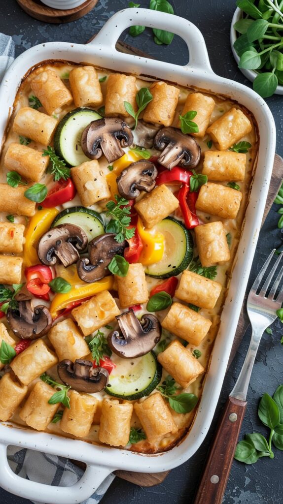 Veggie tater tot casserole with mushrooms, peppers, zucchini in creamy filling, topped with golden tater tots.