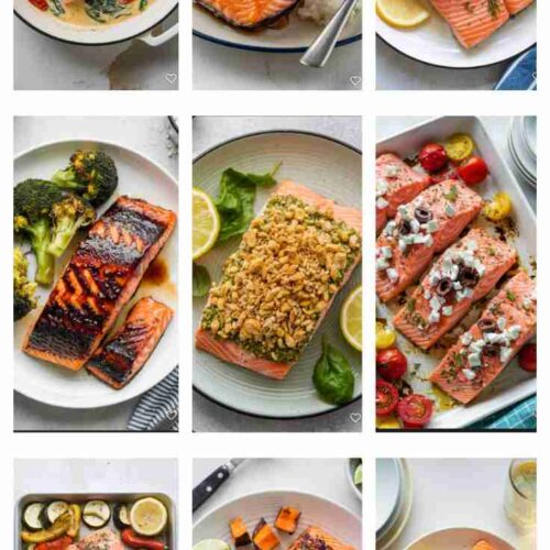 a collage of 9 different oven baked salmon dishes