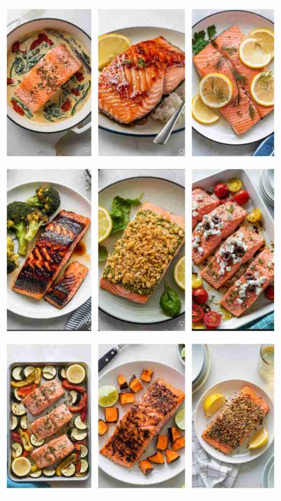 a collage of 9 different oven baked salmon dishes